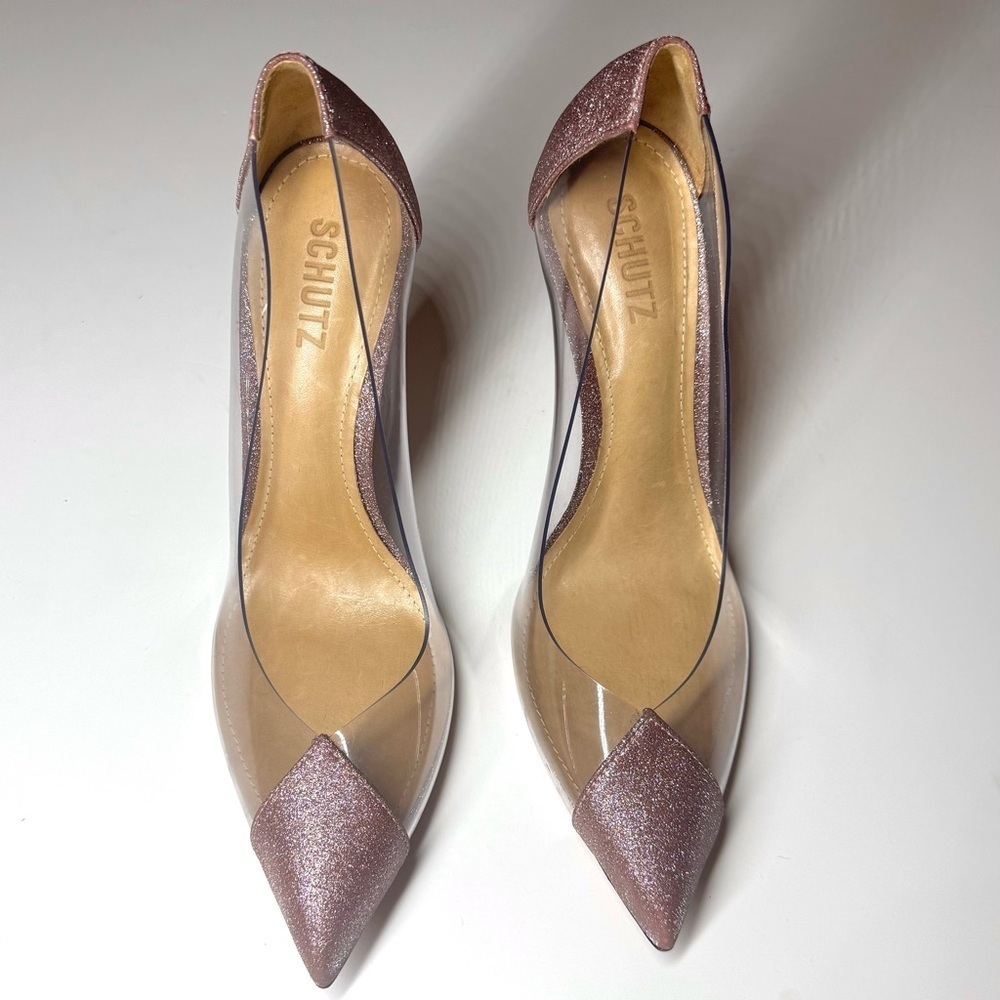 Schutz Women’s Cendi Transparent Pump In Pink Rose Glitter Size- 9B - Picture 2 of 12